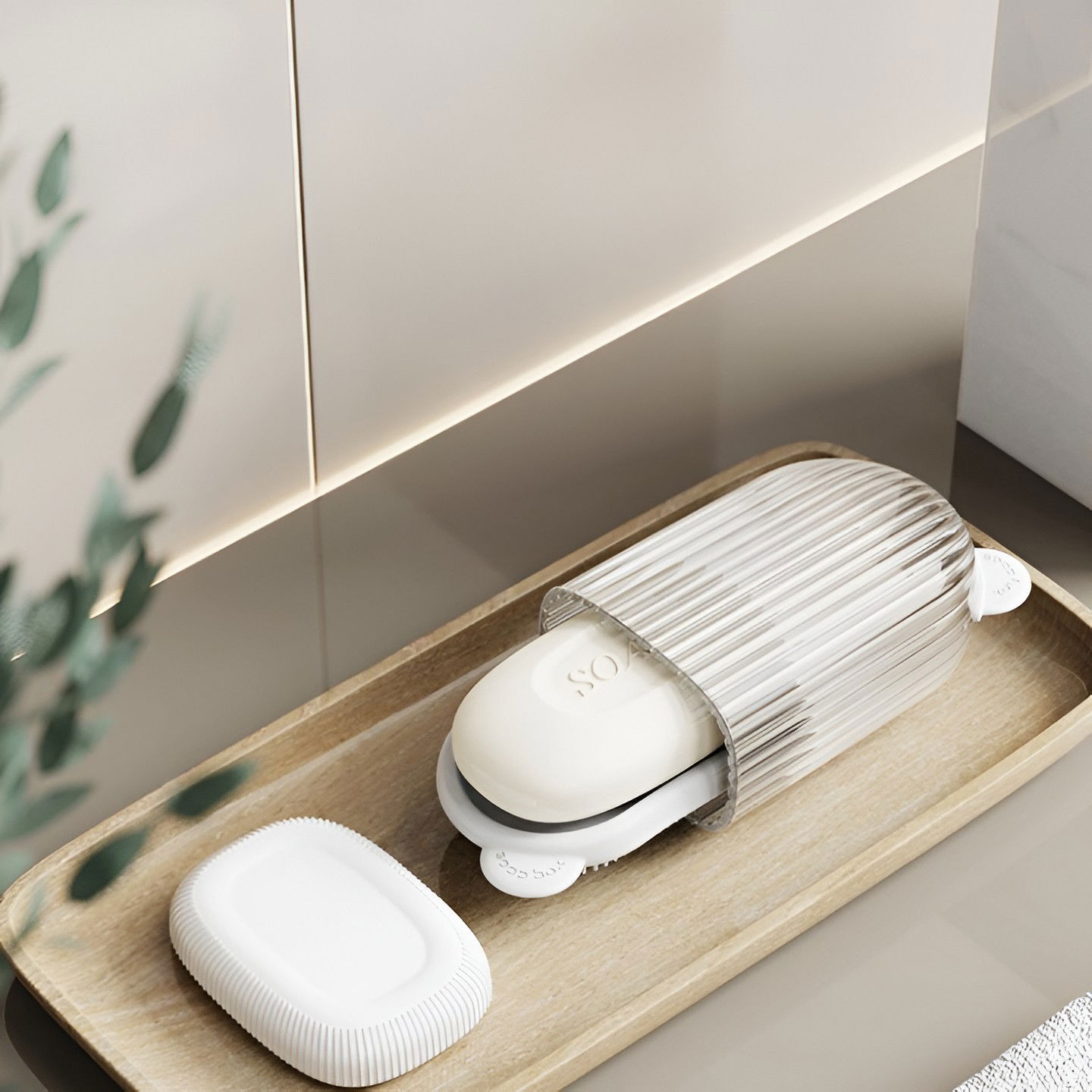 Articole pentru baie - Sapuniera de Calatorie, Flippy, Suport pentru Sapun cu Scurgere a Apei, Recipient cu Capac Depozitare, Savoniera pentru Baie, 12.6x6.1x8.4cm, Crem