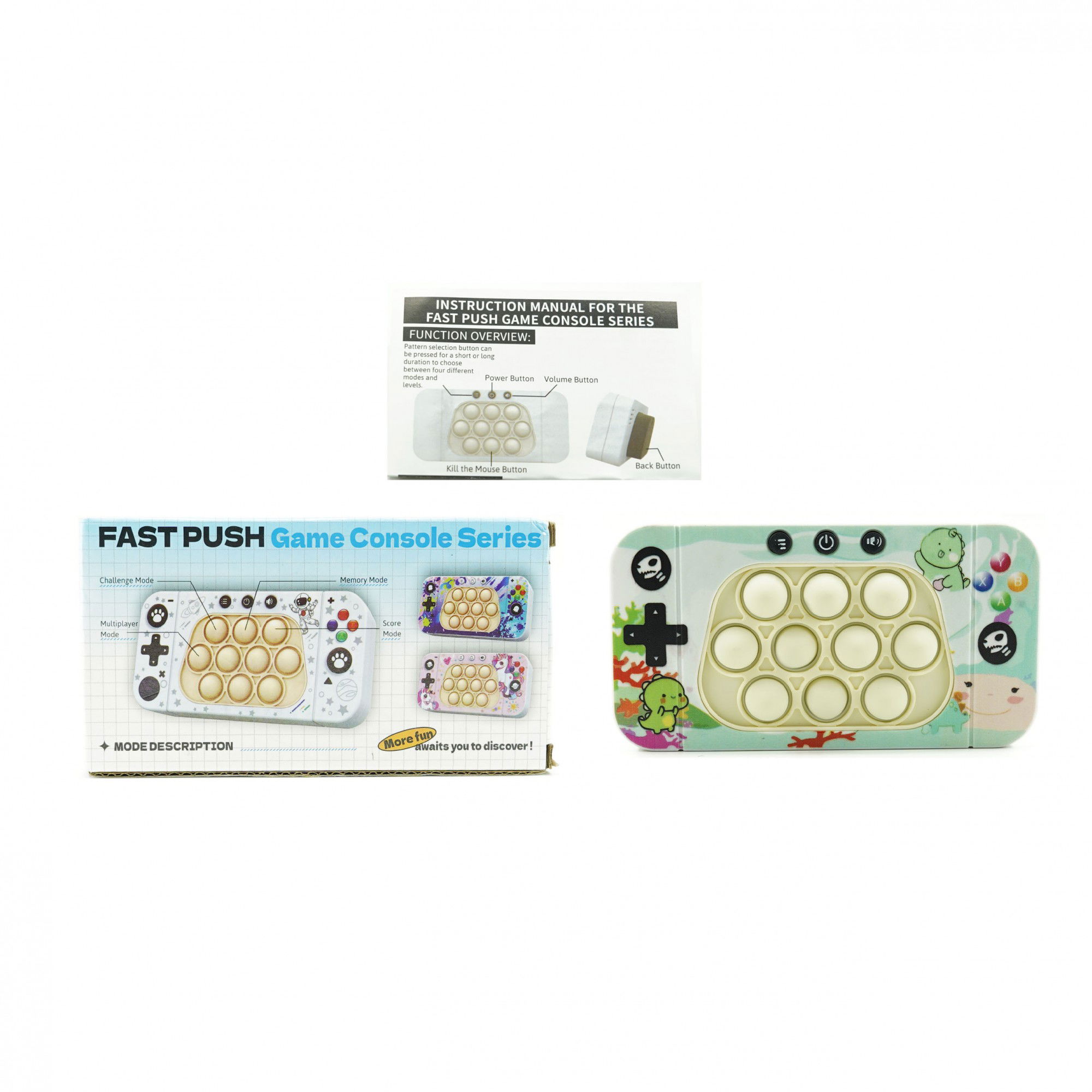 25 - 50 LEI - Jucarie interactiva tip consola pentru copii Flippy, speed push whack-a-mole, joc de viteza pop it, material ABS/silicon, cu nivele, sunete si lumini, 15.5 x 7.6 x 5.3 cm, model dinozaur, verde