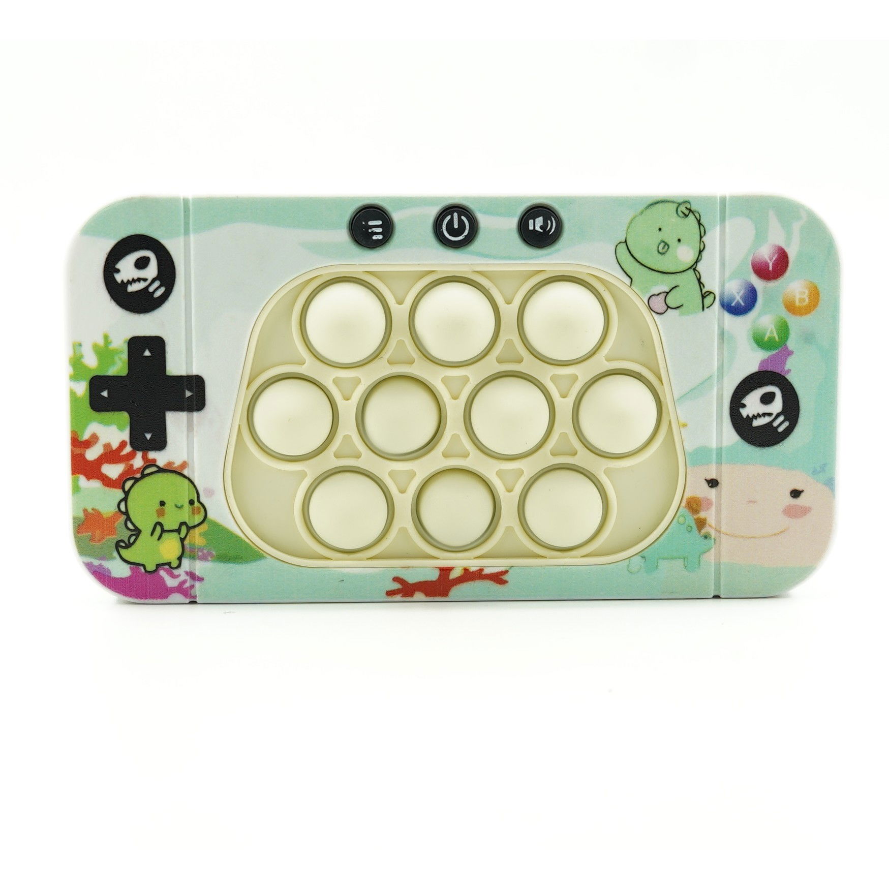 Console - Jucarie interactiva tip consola pentru copii Flippy, speed push whack-a-mole, joc de viteza pop it, material ABS/silicon, cu nivele, sunete si lumini, 15.5 x 7.6 x 5.3 cm, model dinozaur, verde