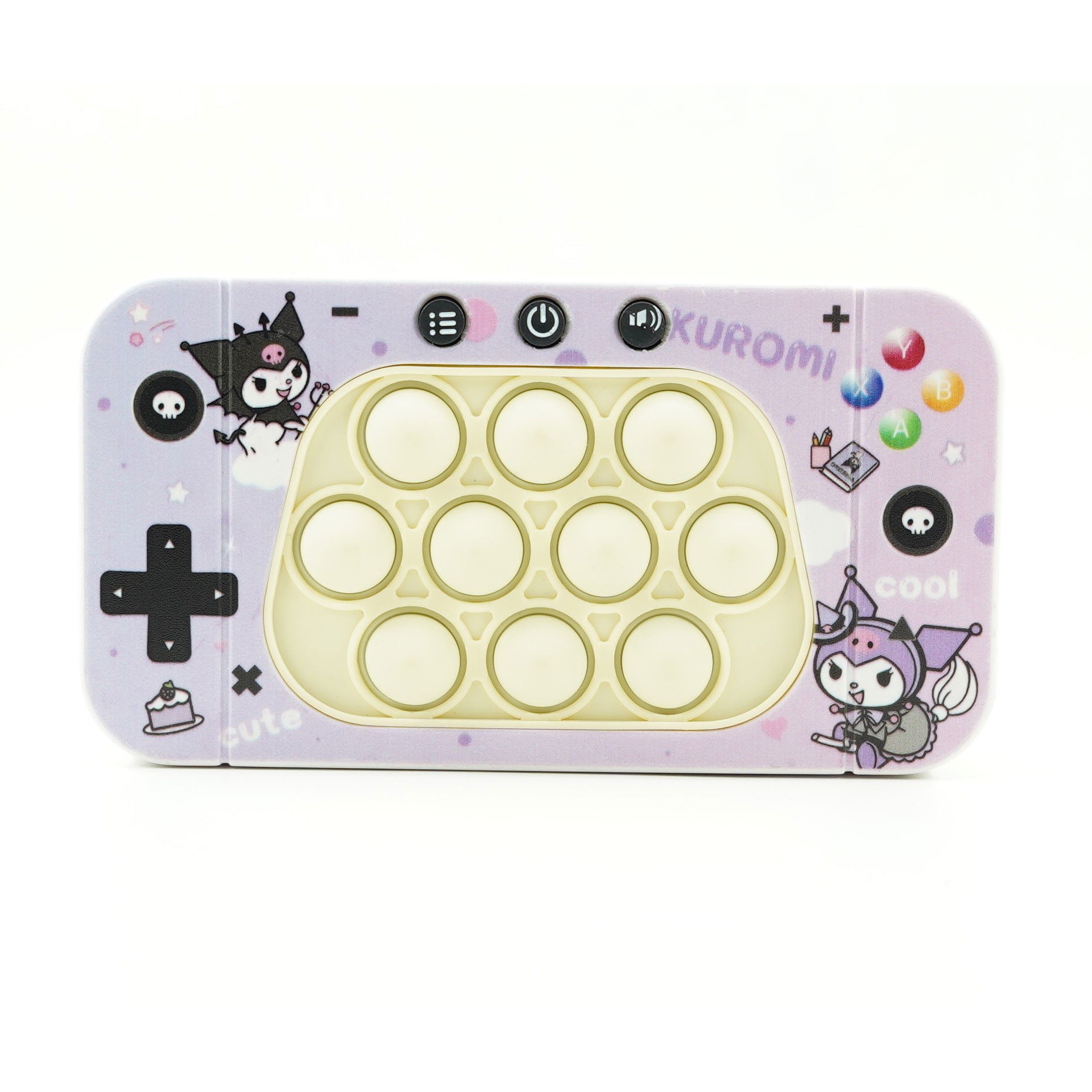 10 - 25 LEI - Jucarie interactiva tip consola pentru copii Flippy, speed push whack-a-mole, joc de viteza pop it, material ABS/silicon, cu nivele, sunete si lumini, 15.5 x 7.6 x 5.3 cm, model elfi, mov