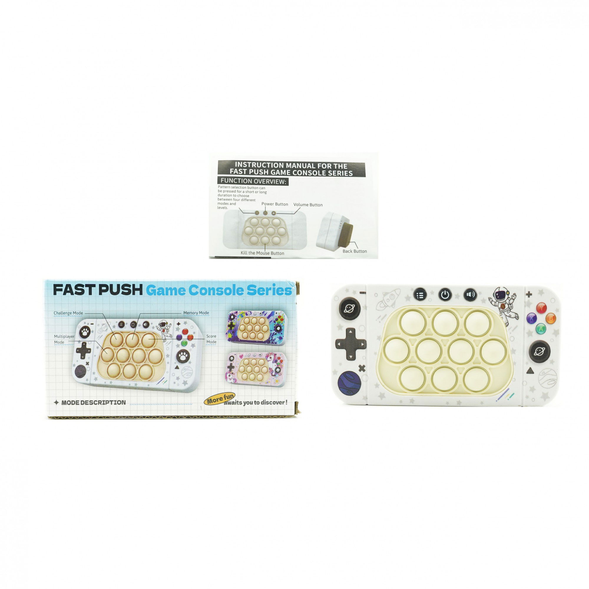 10 - 25 LEI - Jucarie interactiva tip consola pentru copii Flippy, speed push whack-a-mole, joc de viteza pop it, material ABS/silicon, cu nivele, sunete si lumini, 15.5 x 7.6 x 5.3 cm, model astronaut, alb