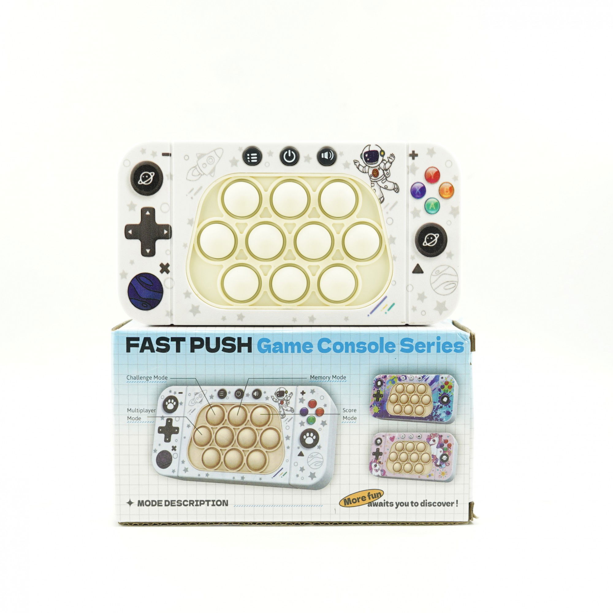 Jucarie interactiva tip consola pentru copii Flippy, speed push whack-a-mole, joc de viteza pop it, material ABS/silicon, cu nivele, sunete si lumini, 15.5 x 7.6 x 5.3 cm, model astronaut, alb [3]