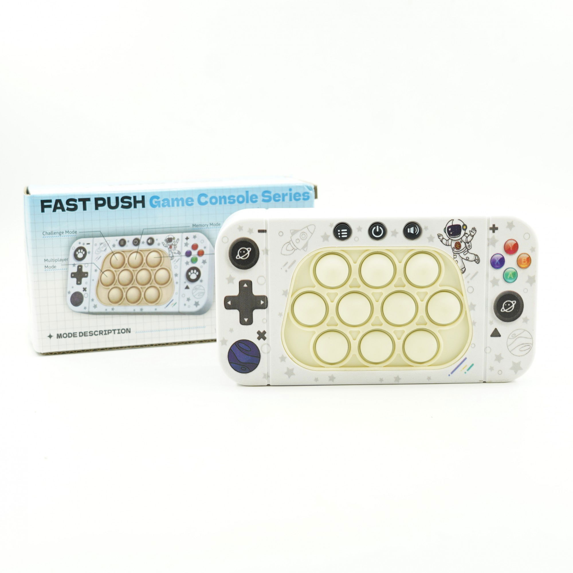 Jucarie interactiva tip consola pentru copii Flippy, speed push whack-a-mole, joc de viteza pop it, material ABS/silicon, cu nivele, sunete si lumini, 15.5 x 7.6 x 5.3 cm, model astronaut, alb [4]