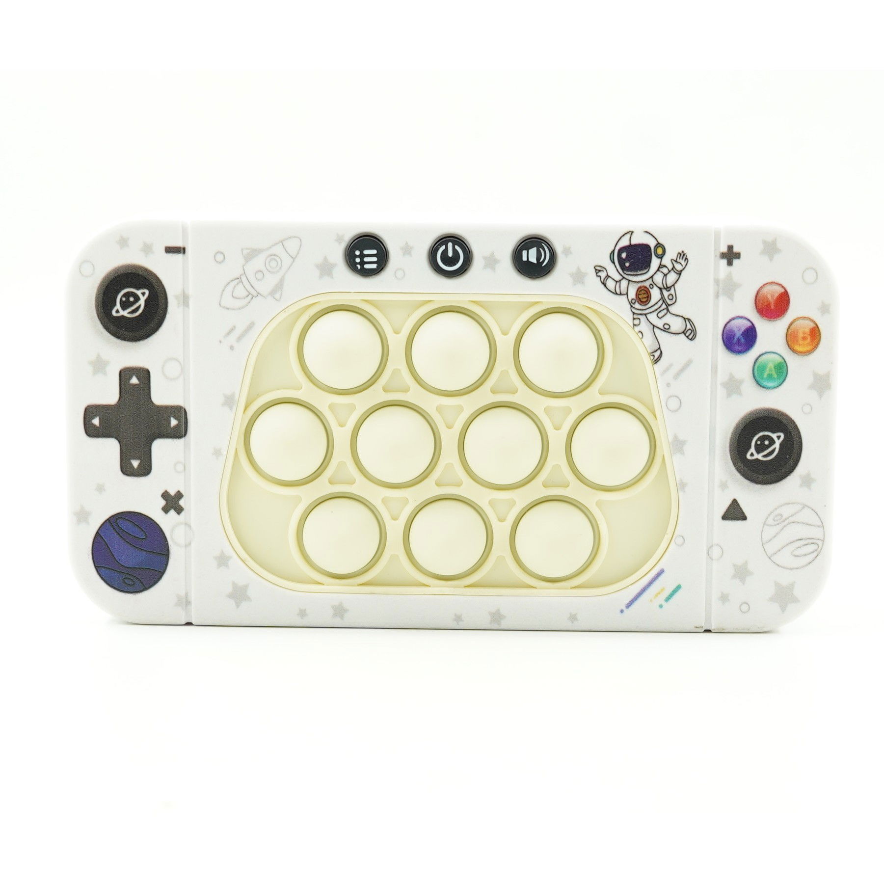 10 - 25 LEI - Jucarie interactiva tip consola pentru copii Flippy, speed push whack-a-mole, joc de viteza pop it, material ABS/silicon, cu nivele, sunete si lumini, 15.5 x 7.6 x 5.3 cm, model astronaut, alb