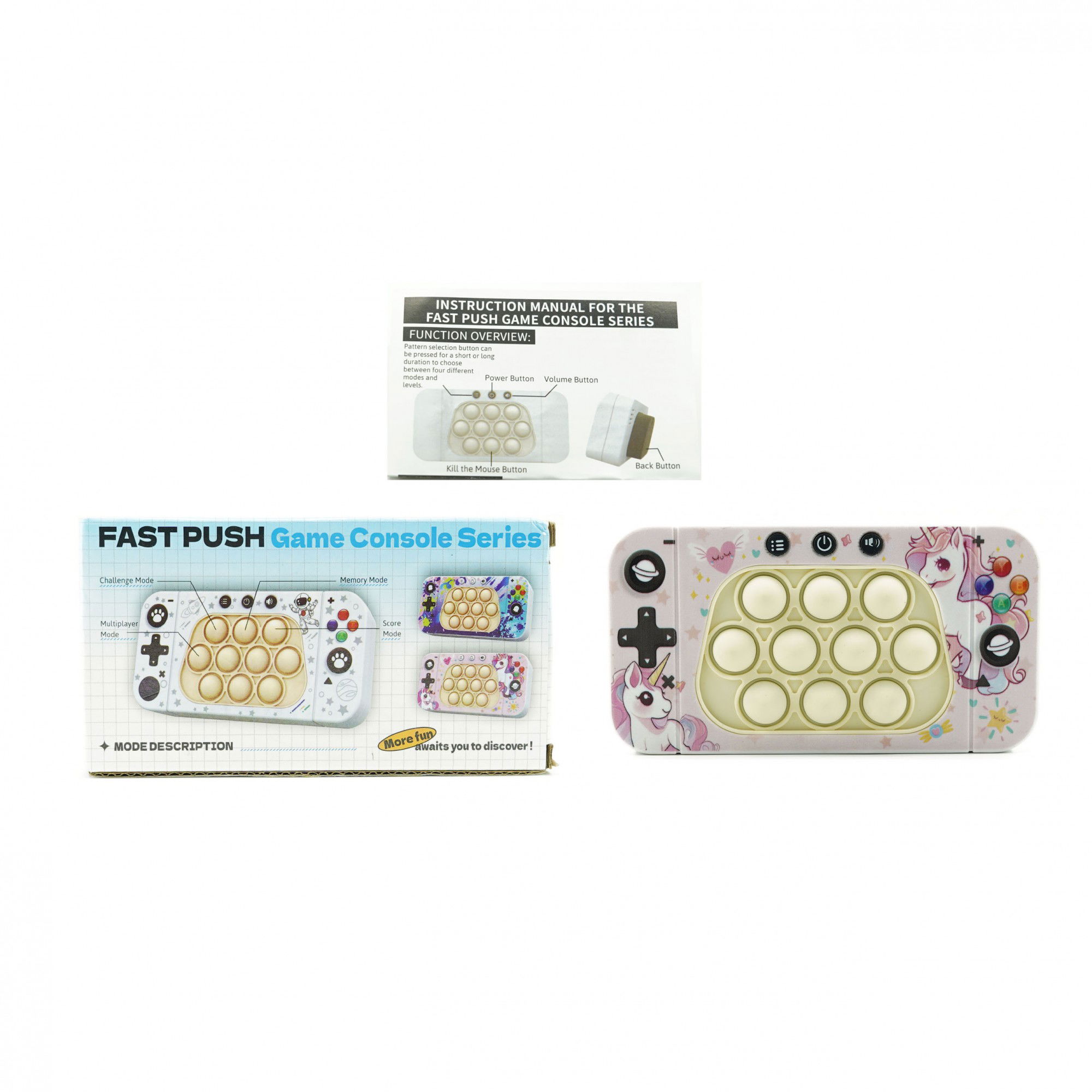 25 - 50 LEI - Jucarie interactiva tip consola pentru copii Flippy, speed push whack-a-mole, joc de viteza pop it, material ABS/silicon, cu nivele, sunete si lumini, 15.5 x 7.6 x 5.3 cm, model unicorn, roz