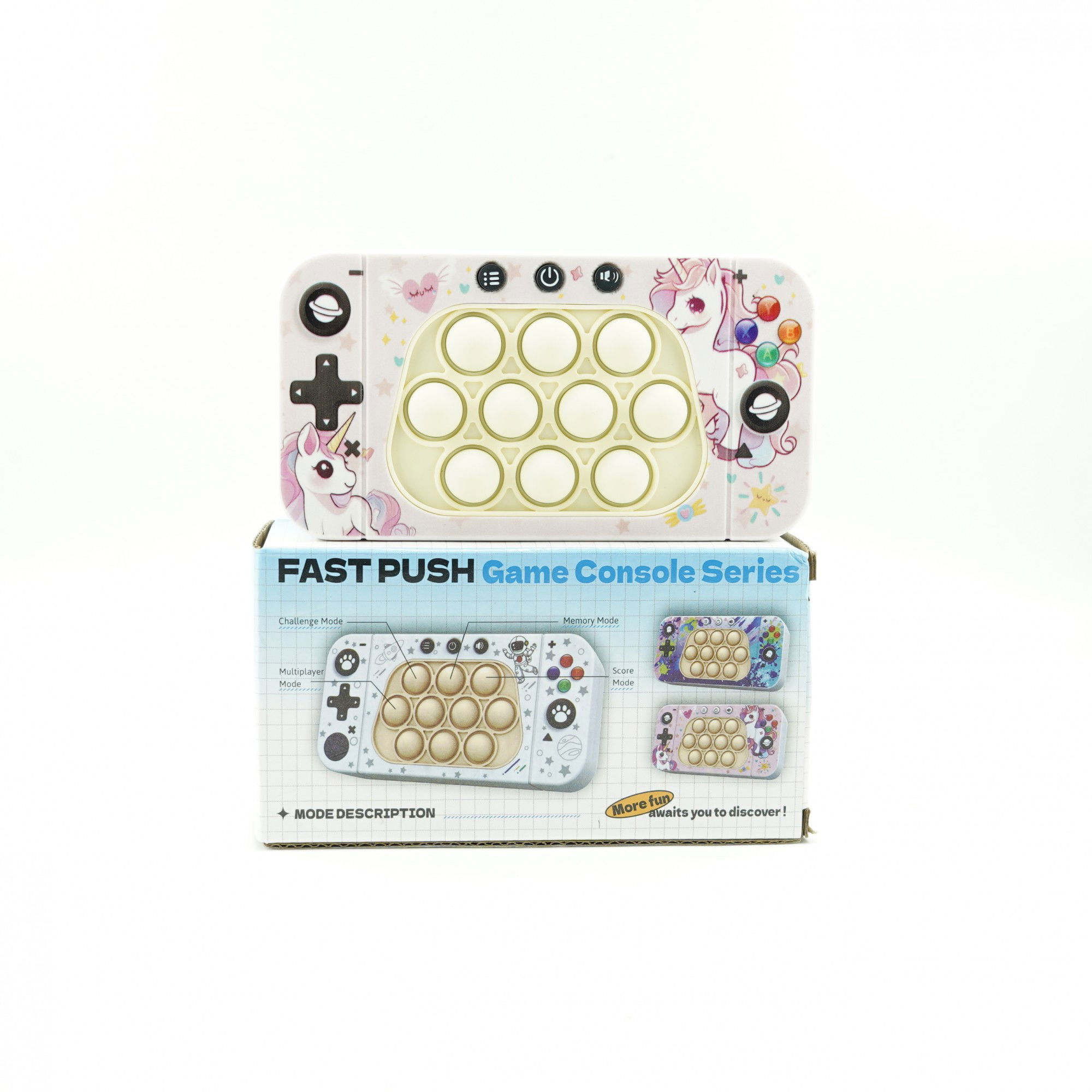 Jucarie interactiva tip consola pentru copii Flippy, speed push whack-a-mole, joc de viteza pop it, material ABS/silicon, cu nivele, sunete si lumini, 15.5 x 7.6 x 5.3 cm, model unicorn, roz [3]