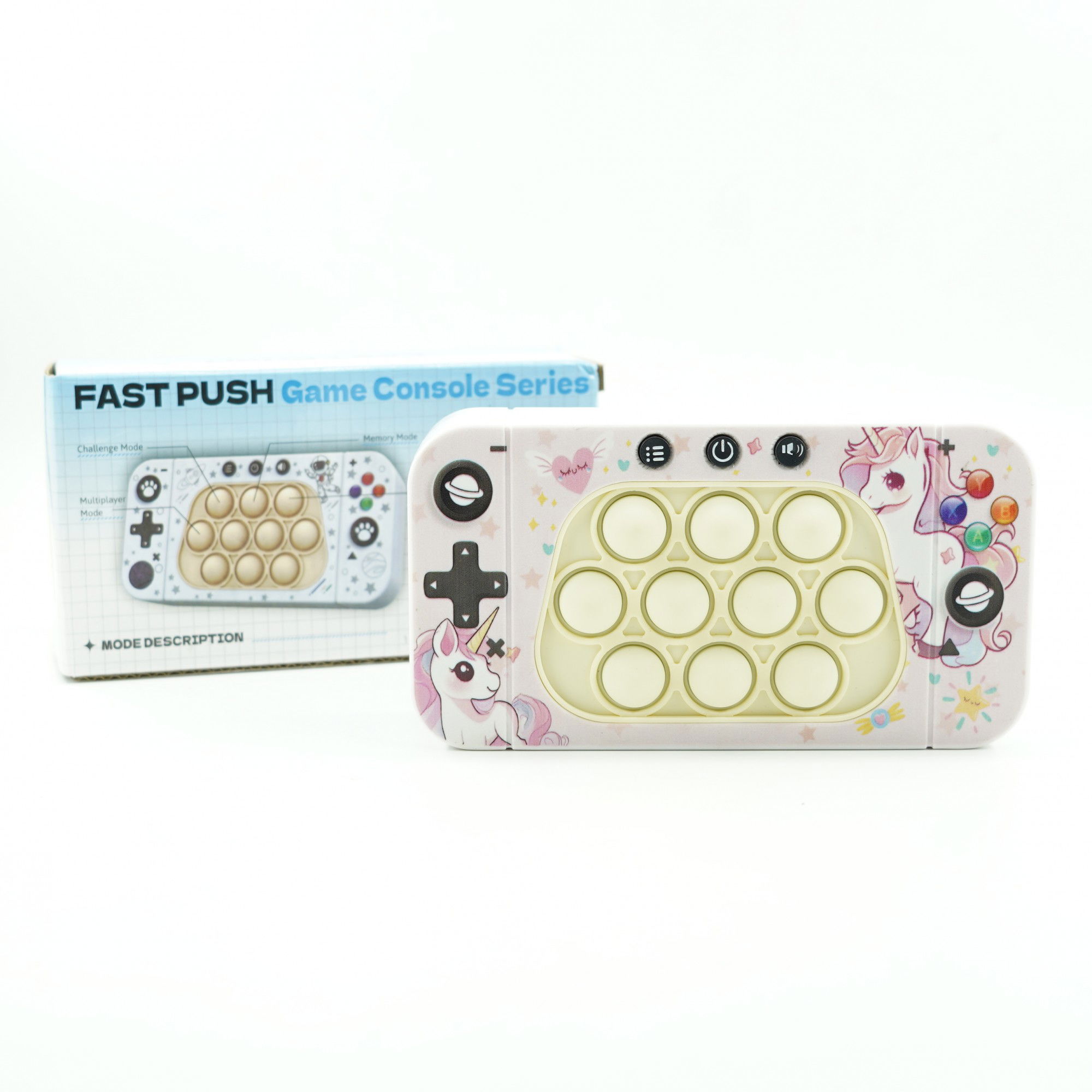 Jucarie interactiva tip consola pentru copii Flippy, speed push whack-a-mole, joc de viteza pop it, material ABS/silicon, cu nivele, sunete si lumini, 15.5 x 7.6 x 5.3 cm, model unicorn, roz [4]