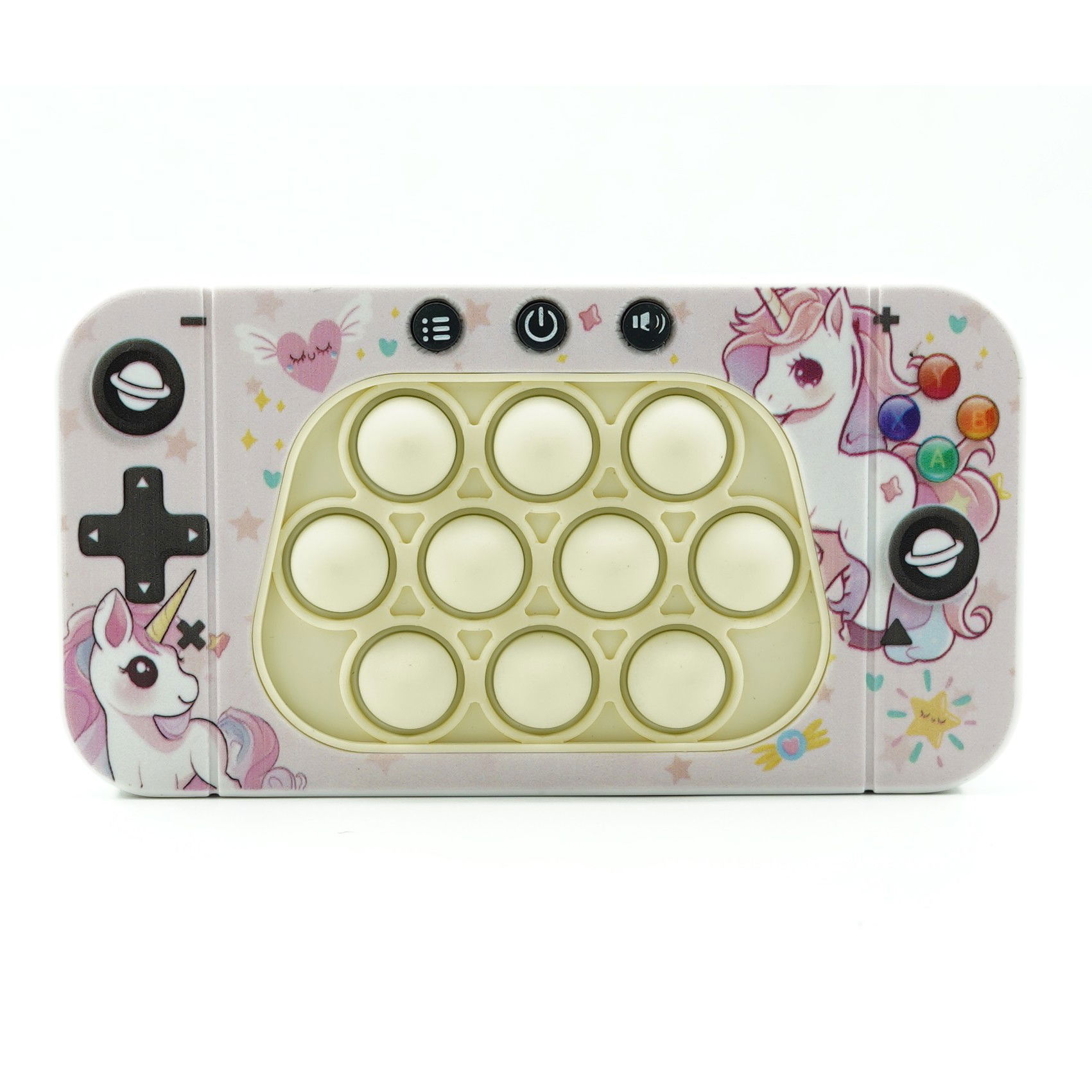 Console - Jucarie interactiva tip consola pentru copii Flippy, speed push whack-a-mole, joc de viteza pop it, material ABS/silicon, cu nivele, sunete si lumini, 15.5 x 7.6 x 5.3 cm, model unicorn, roz