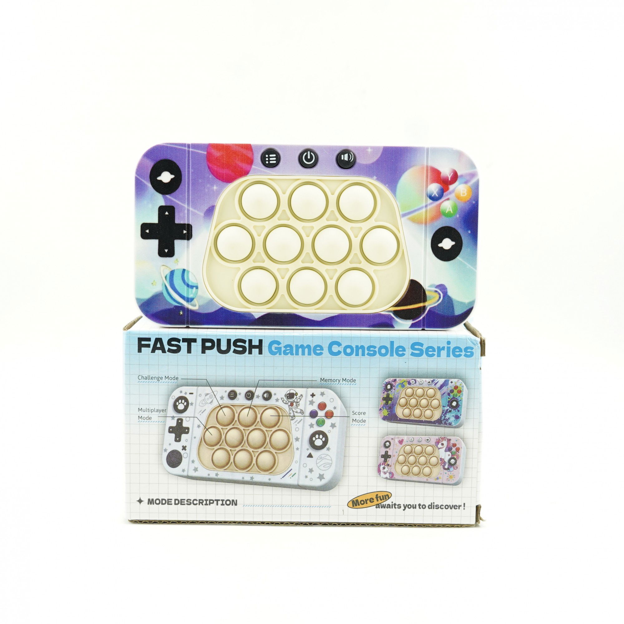 Jucarie interactiva tip consola pentru copii Flippy, speed push whack-a-mole, joc de viteza pop it, material ABS/silicon, cu nivele, sunete si lumini, 15.5 x 7.6 x 5.3 cm, model spatiu, multicolor [3]