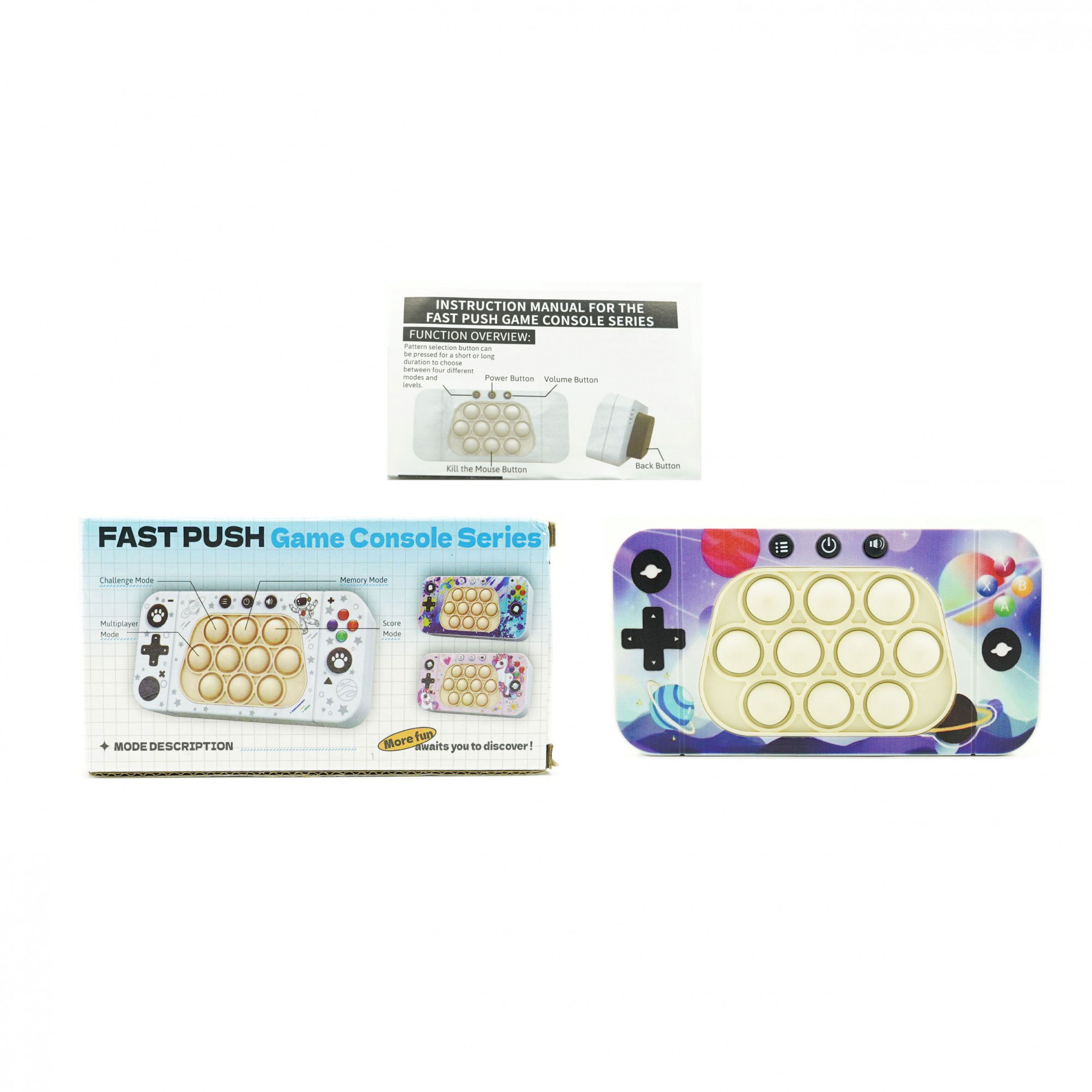 10 - 25 LEI - Jucarie interactiva tip consola pentru copii Flippy, speed push whack-a-mole, joc de viteza pop it, material ABS/silicon, cu nivele, sunete si lumini, 15.5 x 7.6 x 5.3 cm, model spatiu, multicolor