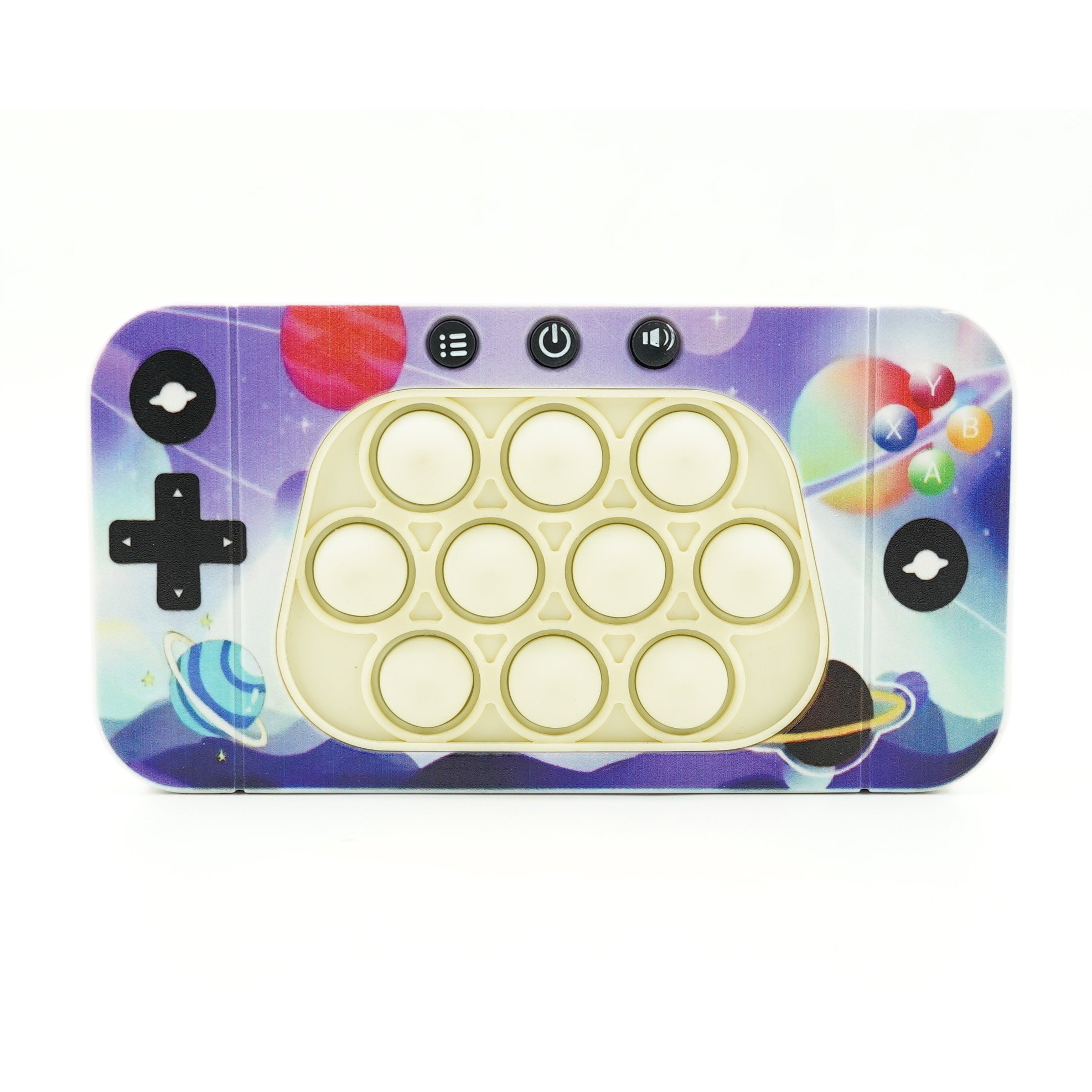 10 - 25 LEI - Jucarie interactiva tip consola pentru copii Flippy, speed push whack-a-mole, joc de viteza pop it, material ABS/silicon, cu nivele, sunete si lumini, 15.5 x 7.6 x 5.3 cm, model spatiu, multicolor