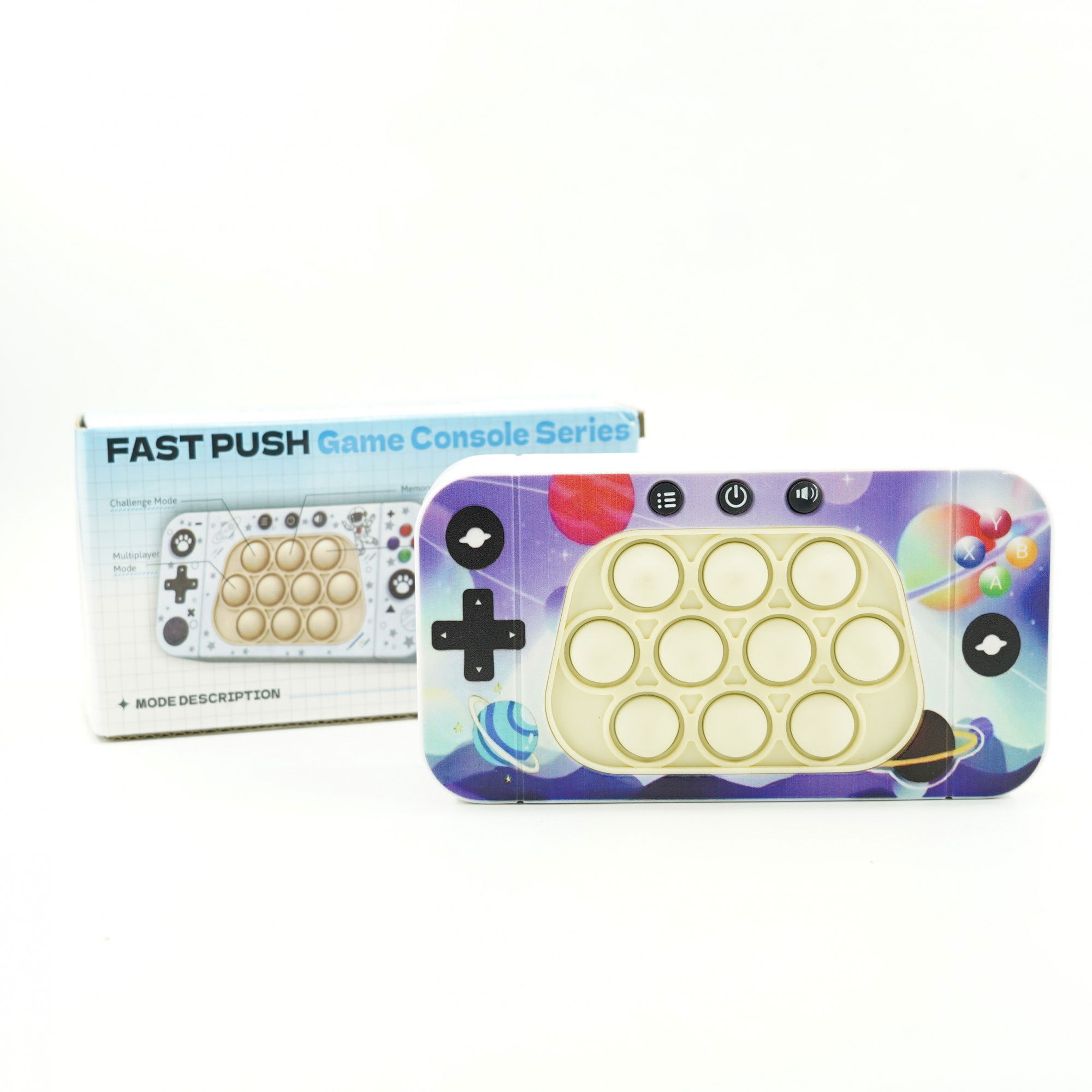 Jucarie interactiva tip consola pentru copii Flippy, speed push whack-a-mole, joc de viteza pop it, material ABS/silicon, cu nivele, sunete si lumini, 15.5 x 7.6 x 5.3 cm, model spatiu, multicolor [4]