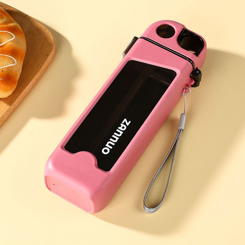 Sticla de Apa pentru Sport, Flippy, 350 ml, cu Pai si Capac, 23x7x4.4 cm, Buton de Blocare, din PC, Roz [7]