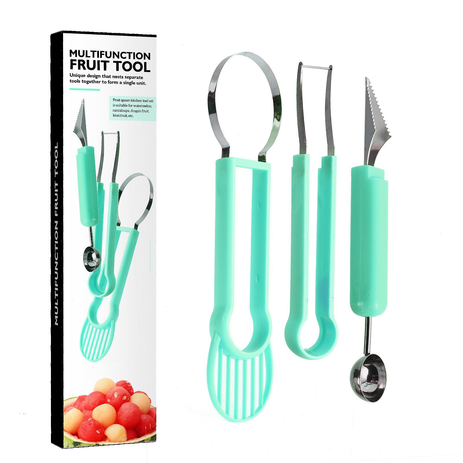 Ustensile pentru Bucătărie - Ustensila bucatarie 4 in 1 pentru taiat si decorat fructe Flippy, material inox si plastic, compact, 28x6.2 cm, verde