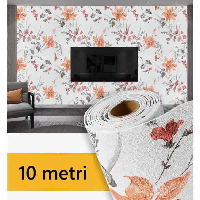 Rola Autoadeziva pentru Perete, Flippy, din Panza, 10 m, Rezistenta la Umezeala, 2.5 mm Grosime, Model Flori, Portocaliu [3]