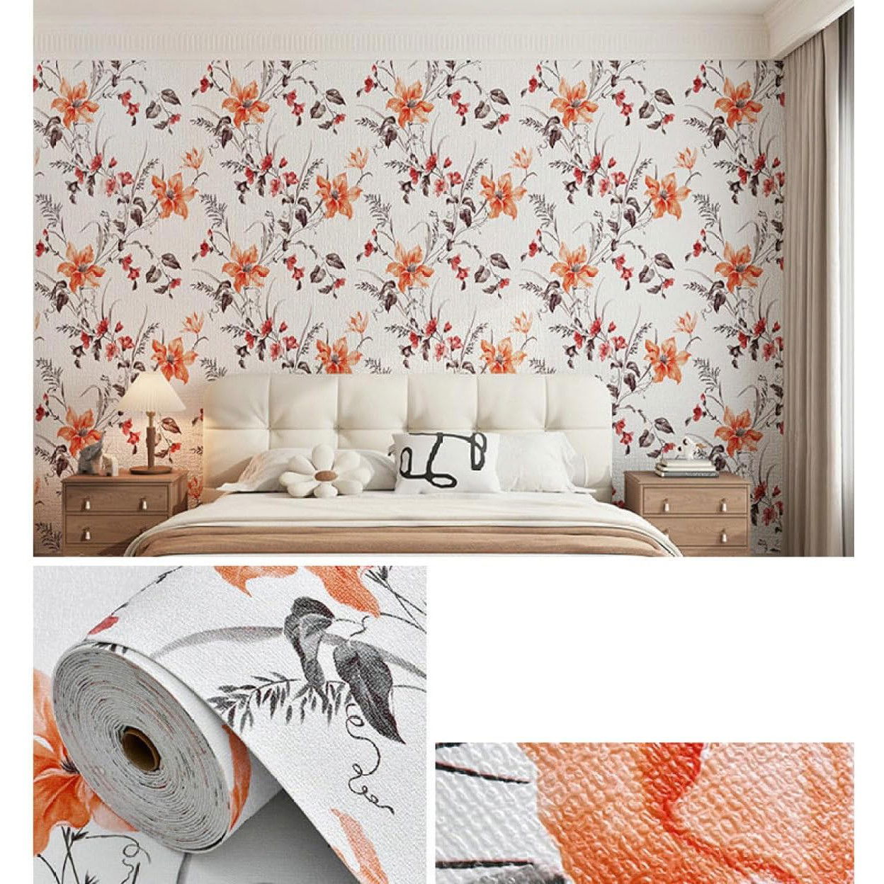 Rola Autoadeziva pentru Perete, Flippy, din Panza, 10 m, Rezistenta la Umezeala, 2.5 mm Grosime, Model Flori, Portocaliu [4]