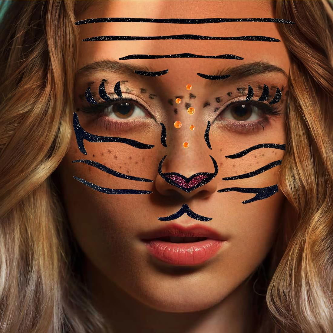 Sticker Temporar pentru Fata, Flippy, pentru Machiaj, Face Art, Halloween, Teatru, Model Tigru, Maro [3]