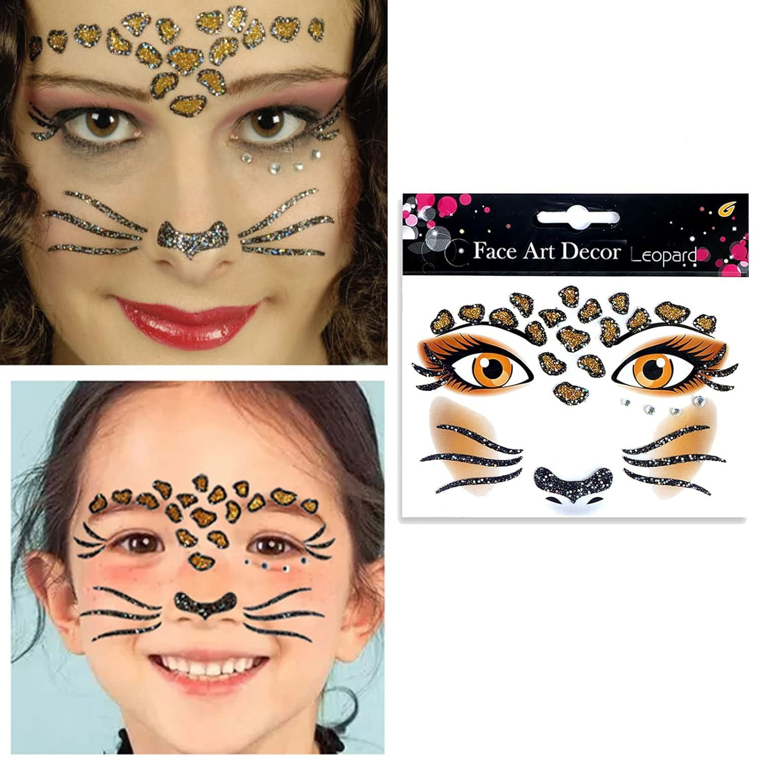 Sticker Temporar pentru Fata, Flippy, pentru Machiaj, Face Art, Halloween, Teatru, Model Leopard, Maro [2]