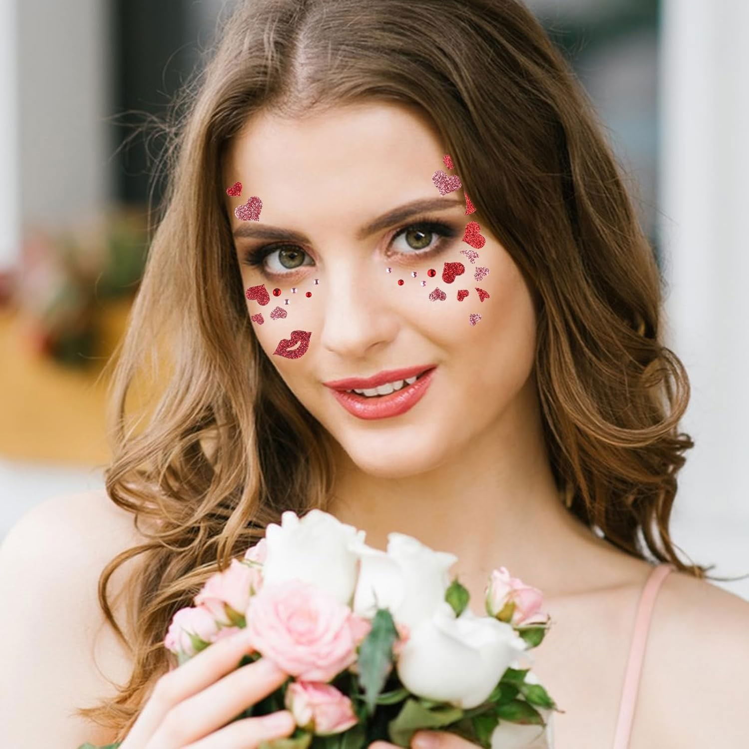 Costume si Deghizare - Sticker Temporar pentru Fata, Flippy, pentru Machiaj, Face Art, Halloween, Teatru, Tema Ziua Indragostitilor, Model cu Inimioare, Multicolor