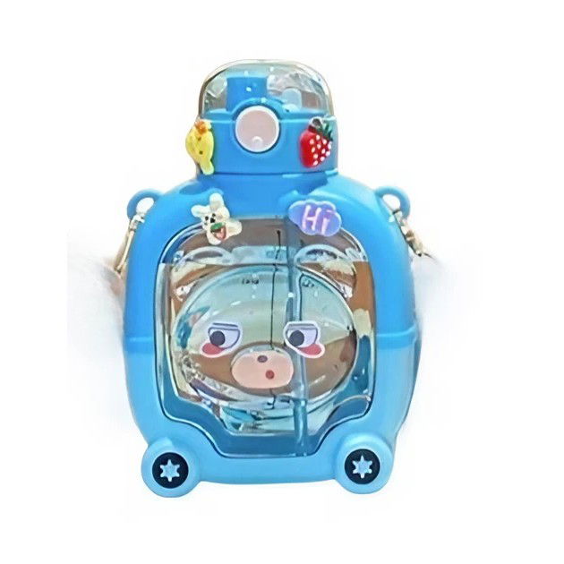 Pahare, Sticle si Cani - Sticla cu pai pentru copii, Flippy, model ursulet, gradata, stickere aplicate, curea reglabila, din plastic rezistent la cadere, 1l, Albastru, 20 x 13 cm