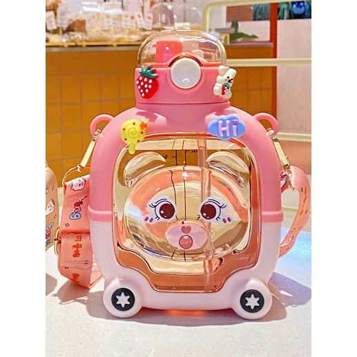 Pahare, Sticle si Cani - Sticla cu pai pentru copii, Flippy, model ursulet, gradata, stickere aplicate, curea reglabila, din plastic rezistent la cadere, 1l, Roz, 20 x 13 cm