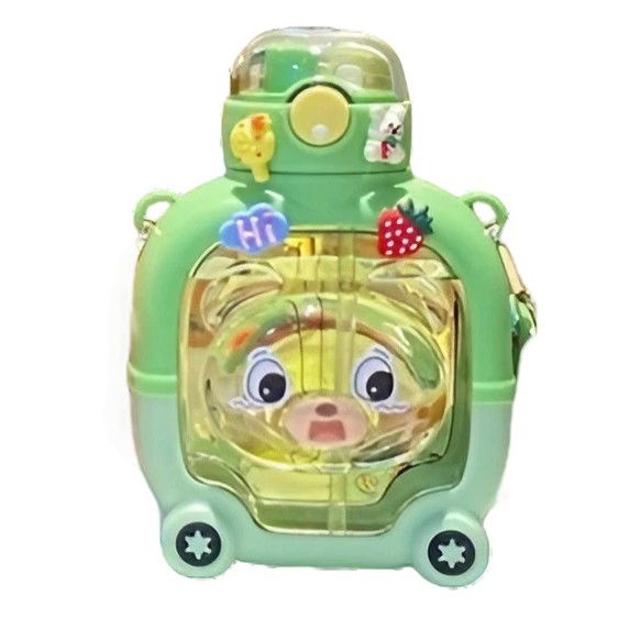 Pahare, Sticle si Cani - Sticla cu pai pentru copii, Flippy, model ursulet, gradata, stickere aplicate, curea reglabila, din plastic rezistent la cadere, 1l, Verde, 20 x 13 cm