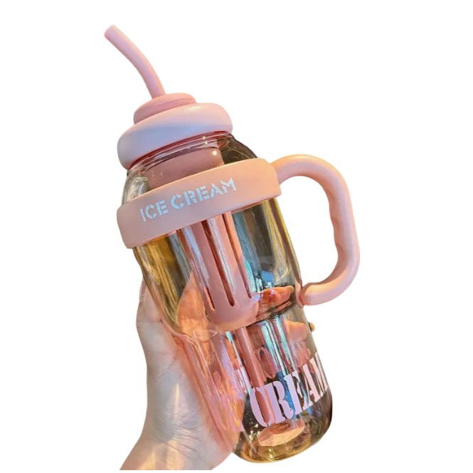 Pahare, Sticle si Cani - Sticla de Apa, Flippy, Termica, Mentinere 6 Ore, 1400 mL, cu Pai si Capac, PP si Silicon, cu Maner Alb, 25.5x7.5 cm, Roz Deschis