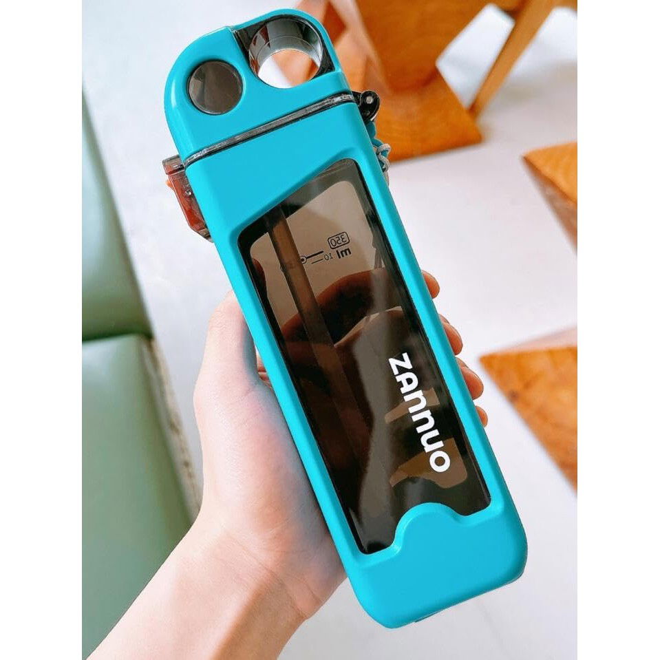 Sticla de Apa pentru Sport, Flippy, 350 ml, cu Pai si Capac, 23x7x4.4 cm, Buton de Blocare, din PC, Bleu [5]