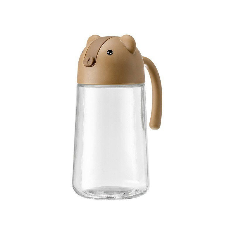 Organizatoare si Depozitare Bucatarie - Recipient de ulei, Flippy, Model Ursulet, Sticla pentru Lichide de Bucatarie, Inchidere Deschidere Automata, 18.5 x 13 cm, Volum 630 ml, Maro