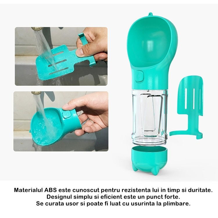 Sticla portabila 4 in 1 Flippy, pentru caini si pisici, cu 3 compartimente + lopetica, 300ml, apa, hrana, pungi igienice, lopetica, 26.7 x 9.7 x 9.4 cm, turcoaz [3]