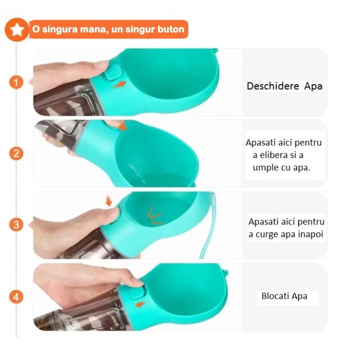 Sticla portabila 4 in 1 Flippy, pentru caini si pisici, cu 3 compartimente + lopetica, 300ml, apa, hrana, pungi igienice, lopetica, 26.7 x 9.7 x 9.4 cm, turcoaz [5]