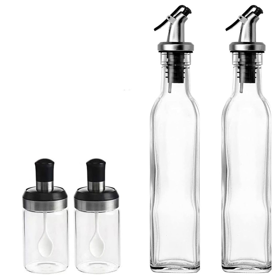 Organizatoare si Depozitare Bucatarie - Sticle si Borcane de Ulei de Masline, Flippy, Dozator Set 4 Bucati, 2 Sticle cu Dispenser 500 ml/buc, 2 Borcane pentru Condimente cu Capac si Lingura 120ml/buc, Transparent