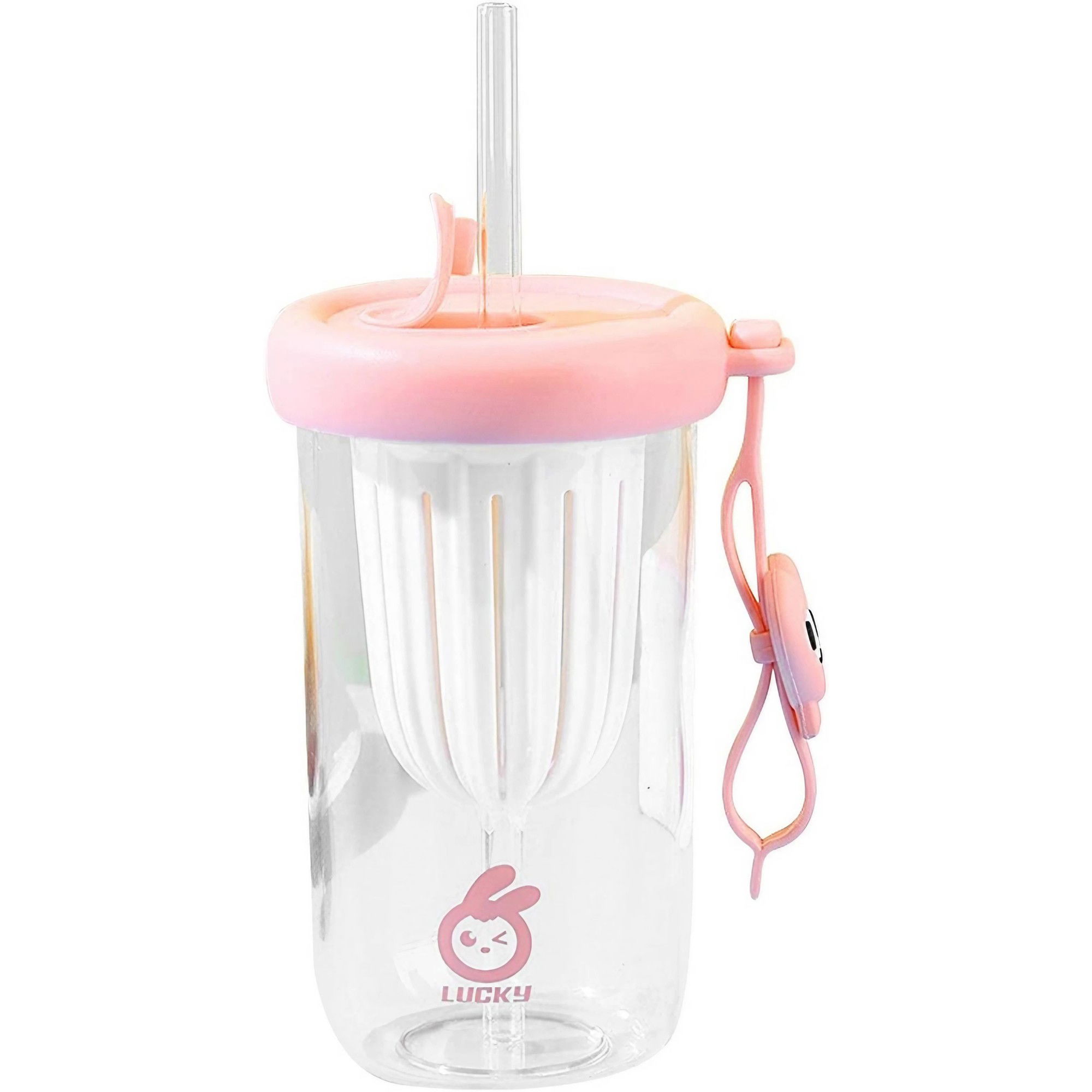 Pahare, Sticle si Cani - Pahar din silicon, cu capac si pai, pentru copii, Flippy, anti-cadere, compartiment pentru fructe/ceai/gheata, rezistent la temperaturi inalte, 500ml, Roz, 14.5x8.8x20 cm