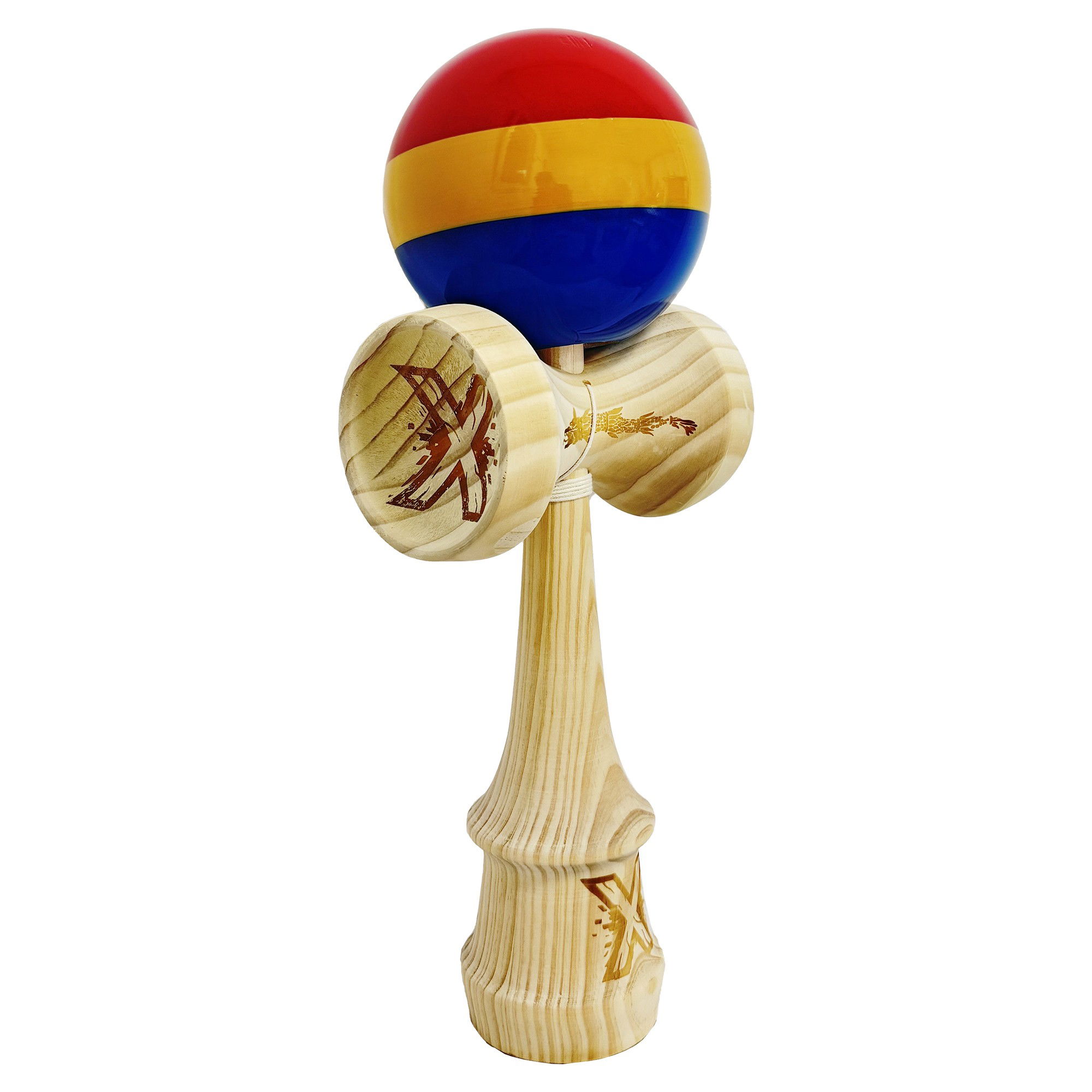 Kendama si Spinnere - Kendama X Originala, Profesionala, Flippy, Inaltime 52 cm, SUPER BIG cu Cupe KING SIZE, Bila Super Sticky, Diametrul 17 cm, din Lemn, Multicolor