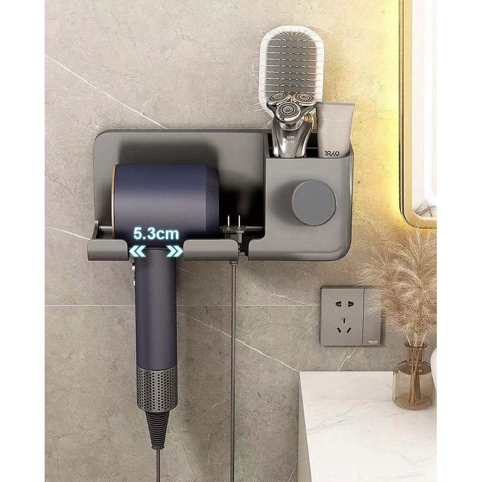 Suport de Baie, Flippy, pentru Uscator de Par, cu Organizator Dublu, din Plastic, Aplicare cu Suport Adeziv, 23 x 8.8 x 9.5 cm, Gri [5]