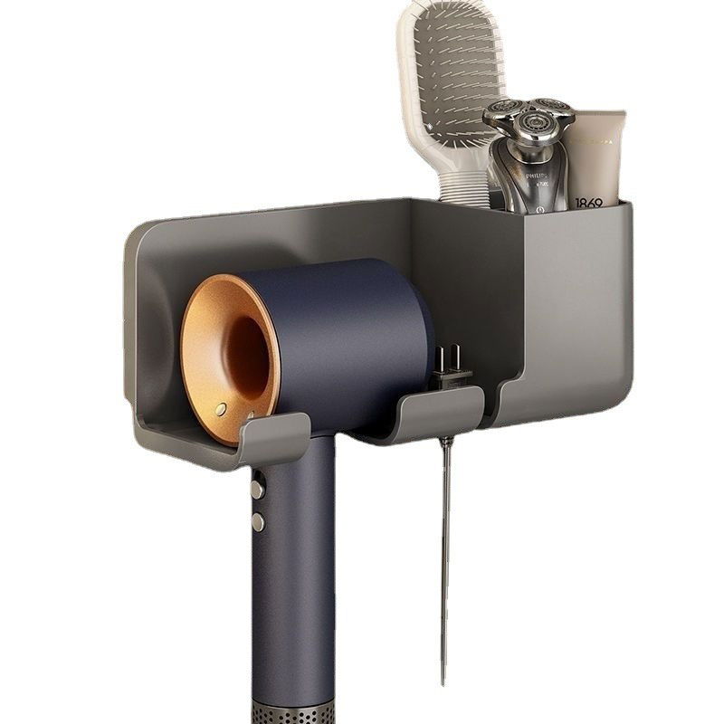 Pentru casa - Suport de Baie, Flippy, pentru Uscator de Par, cu Organizator Dublu, din Plastic, Aplicare cu Suport Adeziv, 23 x 8.8 x 9.5 cm, Negru