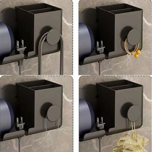 Suport de Baie, Flippy, pentru Uscator de Par, cu Organizator Dublu, din Plastic, Aplicare cu Suport Adeziv, 23 x 8.8 x 9.5 cm, Negru [3]