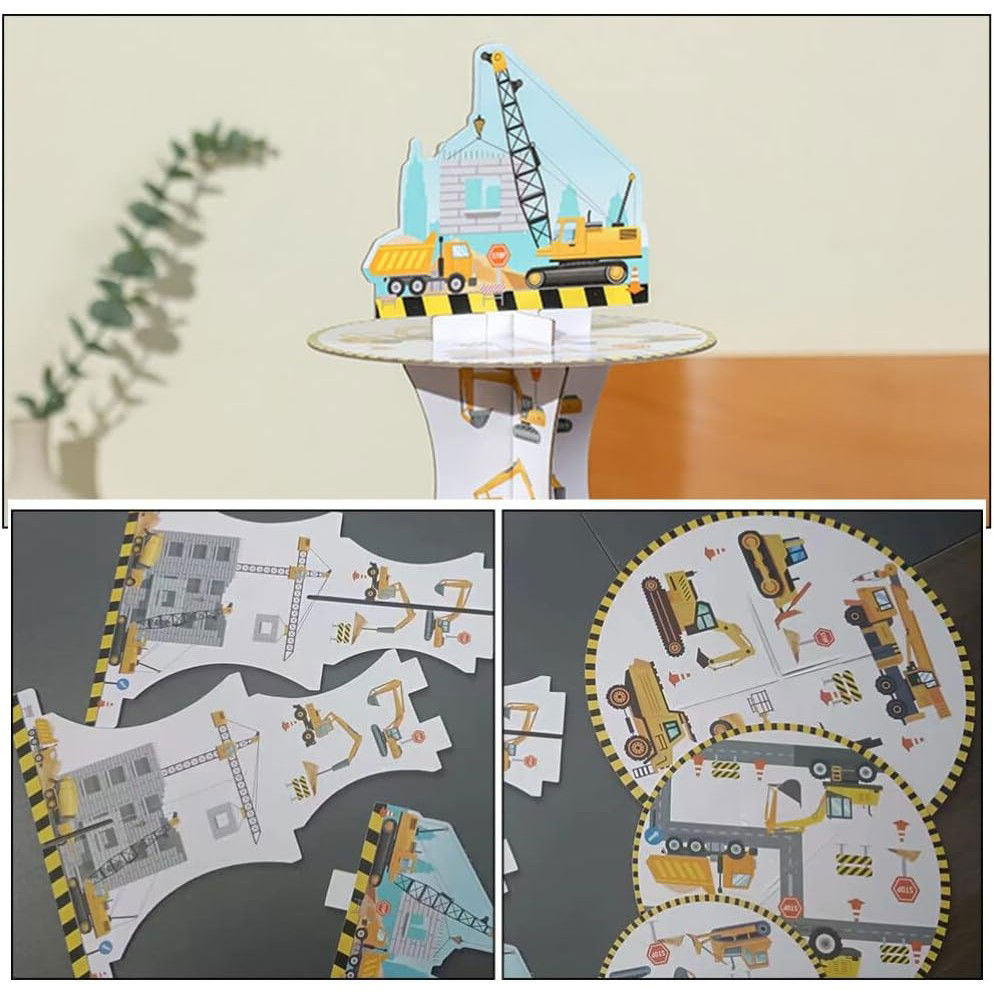 Etajera pentru Prajituri, Flippy, din Carton, 3 Nivele, 16/22/29 cm Diametru, Inaltime 38 cm, Tema Utilaje de Santier, Multicolor [3]