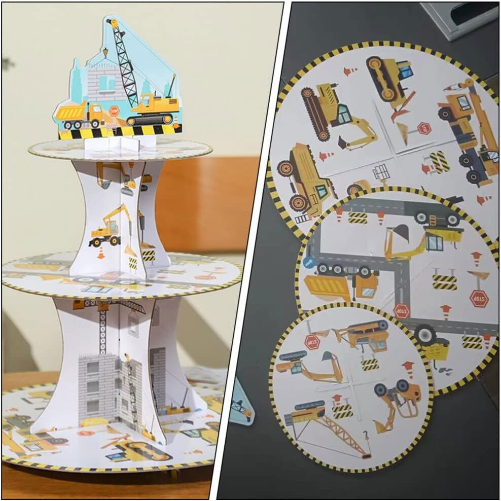 Etajera pentru Prajituri, Flippy, din Carton, 3 Nivele, 16/22/29 cm Diametru, Inaltime 38 cm, Tema Utilaje de Santier, Multicolor [2]