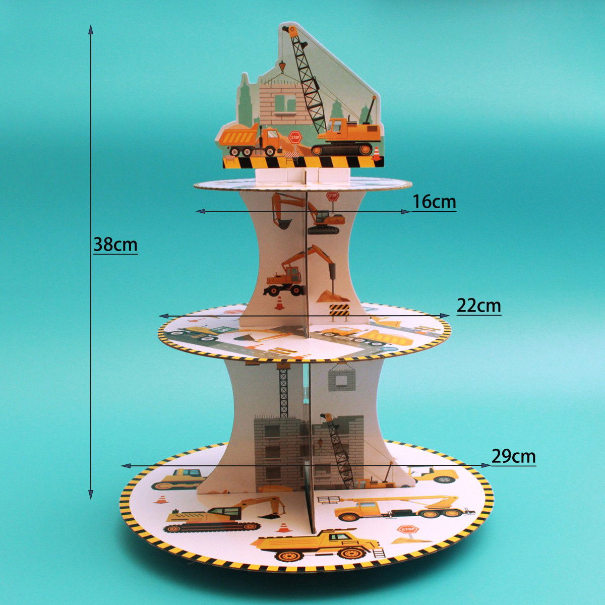 Etajera pentru Prajituri, Flippy, din Carton, 3 Nivele, 16/22/29 cm Diametru, Inaltime 38 cm, Tema Utilaje de Santier, Multicolor [6]