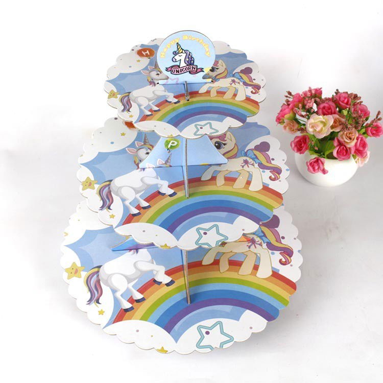 Etajera pentru Prajituri, Flippy, din Carton, 3 Nivele, 16/22/29 cm Diametru, Inaltime 38 cm, Tema Unicorni, Multicolor [4]