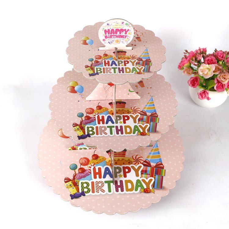 Etajera pentru Prajituri, Flippy, din Carton, 3 Nivele, 16/22/29 cm Diametru, Inaltime 38 cm, Tema Happy Birthday, Roz [7]