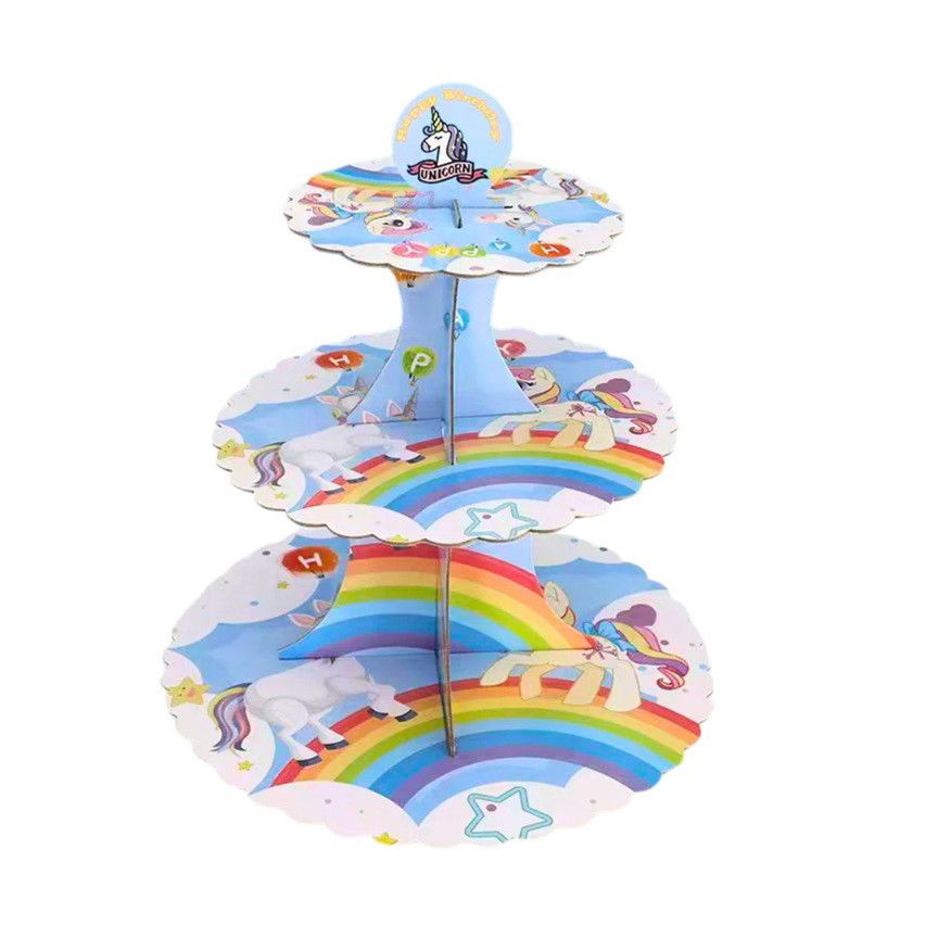 Articole Servire Masa - Etajera pentru Prajituri, Flippy, din Carton, 3 Nivele, 16/22/29 cm Diametru, Inaltime 38 cm, Tema Unicorni, Multicolor