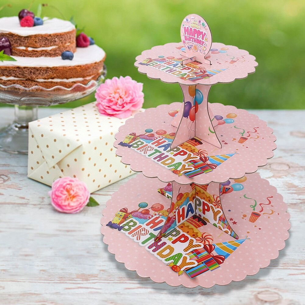 Etajera pentru Prajituri, Flippy, din Carton, 3 Nivele, 16/22/29 cm Diametru, Inaltime 38 cm, Tema Happy Birthday, Roz [6]