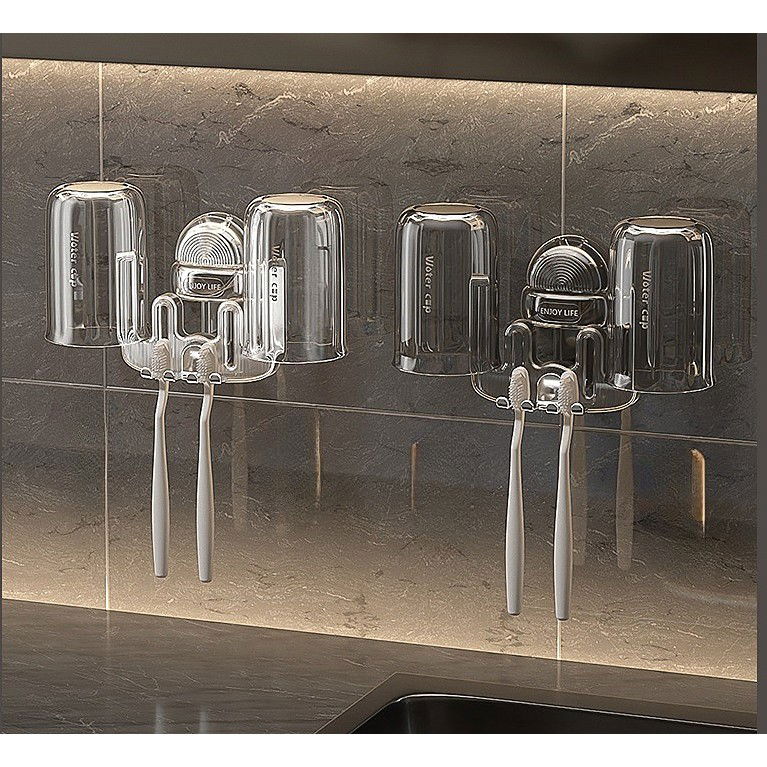 Articole pentru baie - Suport Multifunctional Dublu, Pahar si Suport pentru Periuta de Dinti, Flippy, Plastic, 11 cm x 11.5 cm, Transparent