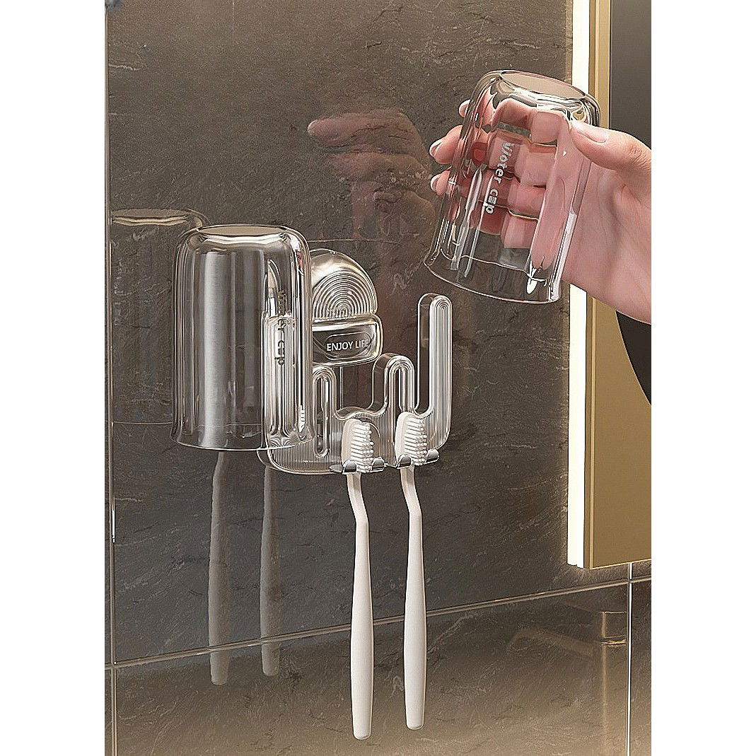 Suport Multifunctional Dublu, Pahar si Suport pentru Periuta de Dinti, Flippy, Plastic, 11 cm x 11.5 cm, Transparent [3]