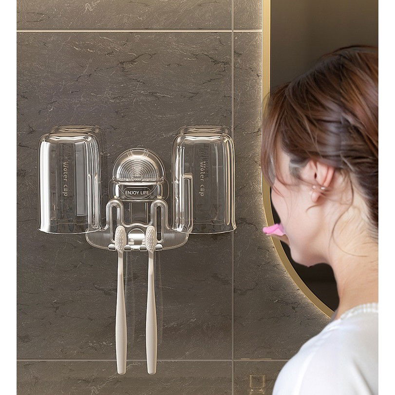 Suport Multifunctional Dublu, Pahar si Suport pentru Periuta de Dinti, Flippy, Plastic, 11 cm x 11.5 cm, Transparent [5]