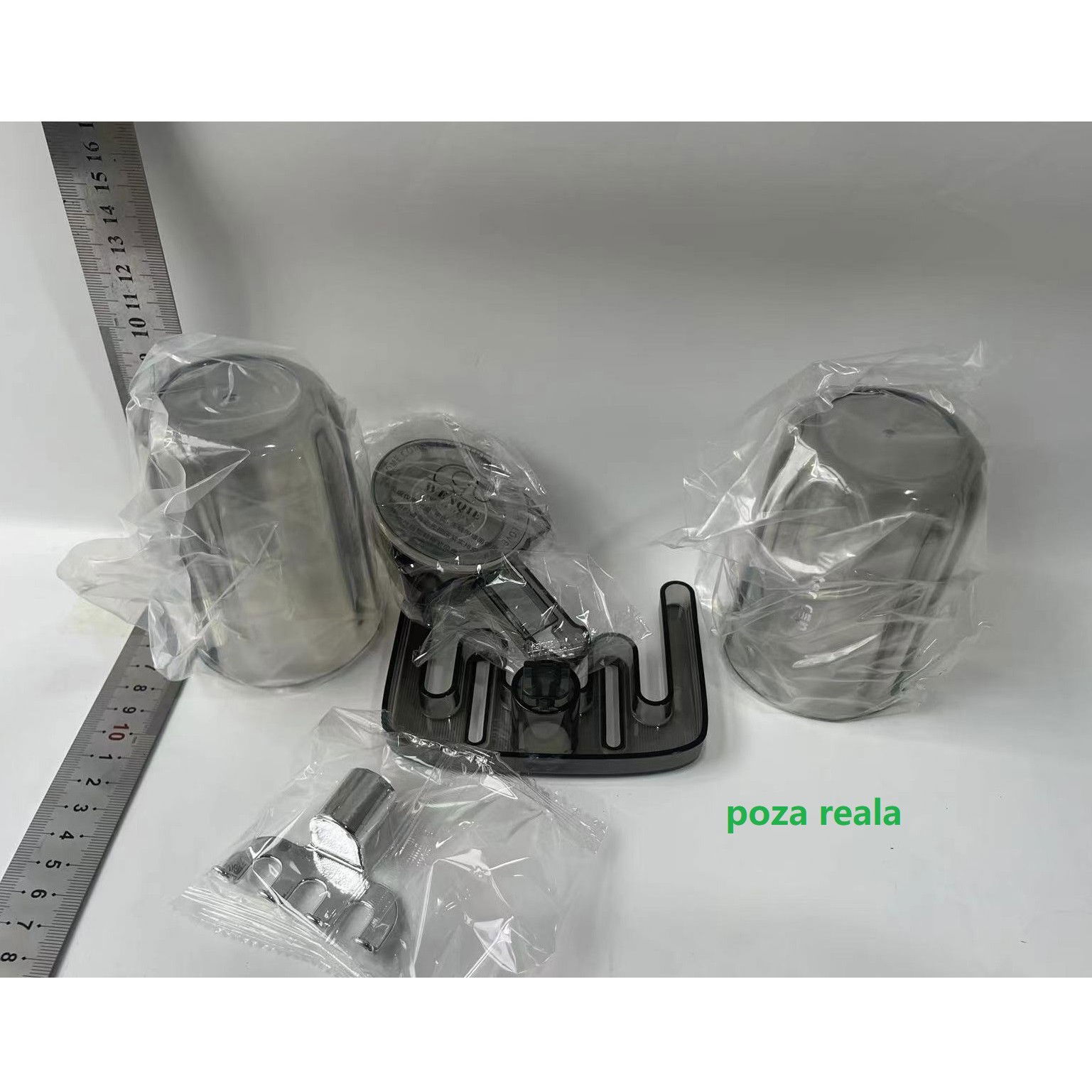 Articole pentru baie - Suport Multifunctional Dublu, Pahar si Suport pentru Periuta de Dinti, Flippy, Plastic, 11 cm x 11.5 cm, Gri