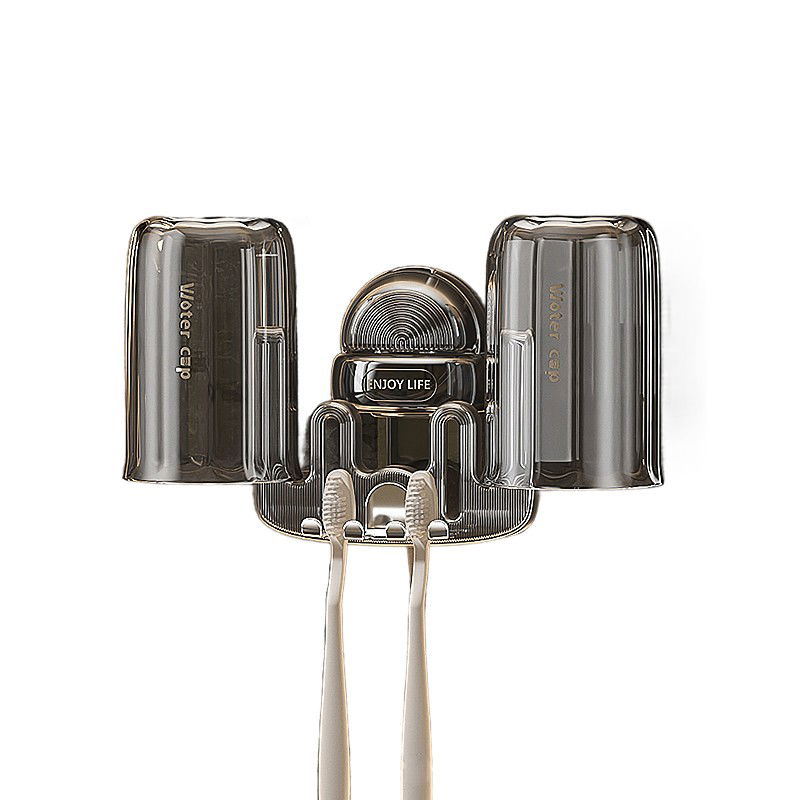 Articole pentru baie - Suport Multifunctional Dublu, Pahar si Suport pentru Periuta de Dinti, Flippy, Plastic, 11 cm x 11.5 cm, Gri