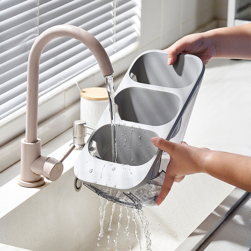 50 - 100 LEI - Suport - Organizator pentru Tacamuri, Flippy, 3 Compartimente, Suport pentru Cosmetica, Ustensile, Material PP Durabil, 33 x 16 x 15 cm Gri